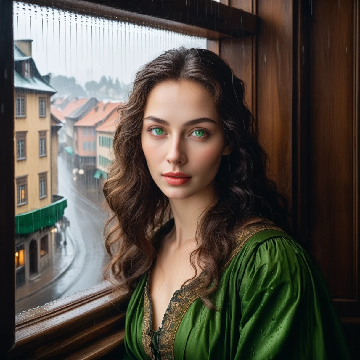 A view of an old 17th-century city with rain and a beautiful woman with gentle green eyes in a window, oil painting