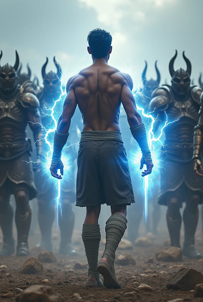 Make a thin muscular man with black hair and yellow lines like lightning, With powers of electricity, that his hands are bandaged while he faces an exercise of thousands of armored beasts with powers and that he uses two rays as a weapon 