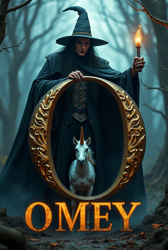 Create a sinister-looking magician in the style of witchcraft, next to him is the letter "O" with a very striking Harry Potter wizard theme and a very elaborate style, next to it is a peculiar-looking unicorn ,Intimidating but at the same time fascinating, the background is a fantastic place. The text is perfectly visible "OMEY" In the image. art style , finished luxury premiere , 8 k plus , Reality Max. all very well detailed 
