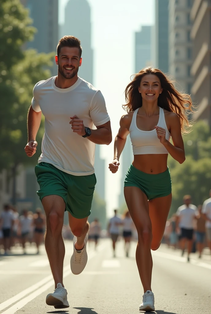 Sexy man and woman running on the streets in green shorts and white t-shirt