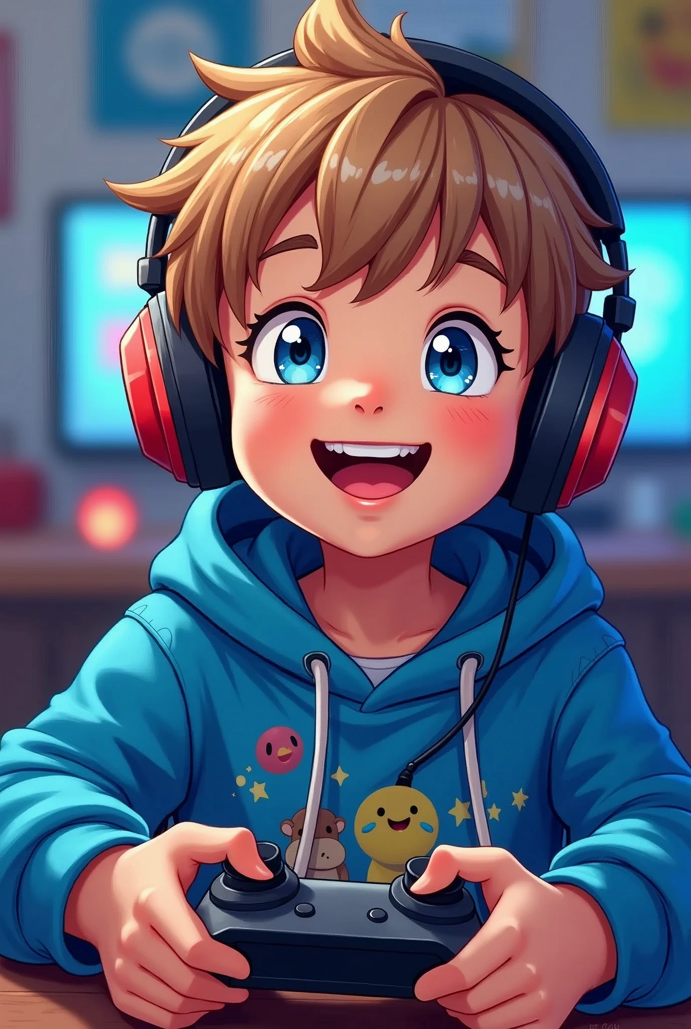 4 boy. He has light skin, short light brown hair with bangs. Blue eyes. He is smiling brightly, showing his teeth. He is wearing a blue hoodie with in gamming aesthetics, holding a joystick and with headphones. Character should be colorful and have a fun, friendly look, with exaggerated, expressive features. Big expressive eyes and smiling mouth. Joyful, Happy, Anime illustration, Realistic, oil