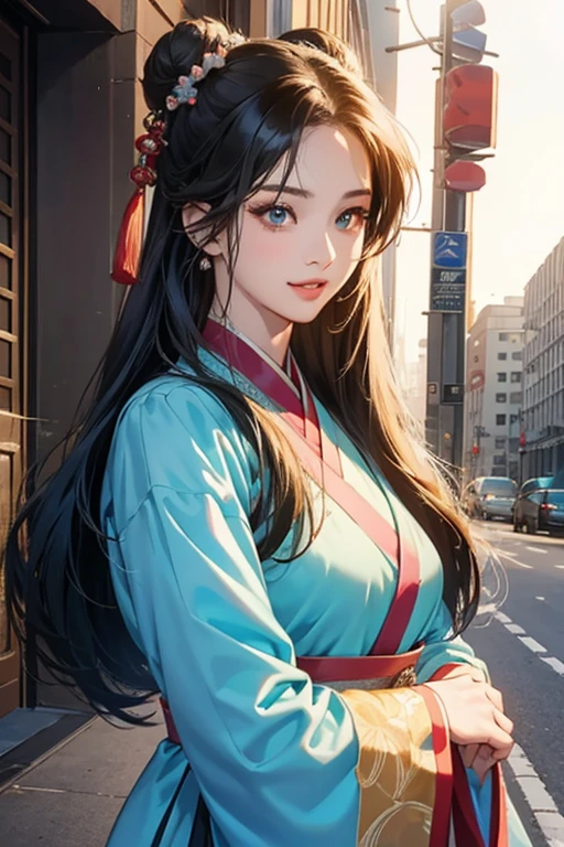 ( High resolution、 Super detailed)、masterpiece、Highest quality、High resolution、8k、Realistic skin texture、 Amazing clarity、Detailed Anime、15-year-old female、Beautiful Face、Beautiful Face、Pretty lips、Ample breasts、Balanced style、Hair styled in a bright-colored round bun、Smiling eyes、Hanfu、Walking、Buildings from the Tang Dynasty、Old city streets of China、Cowboy Shot、Detailed Animeアート、Detailed CG、