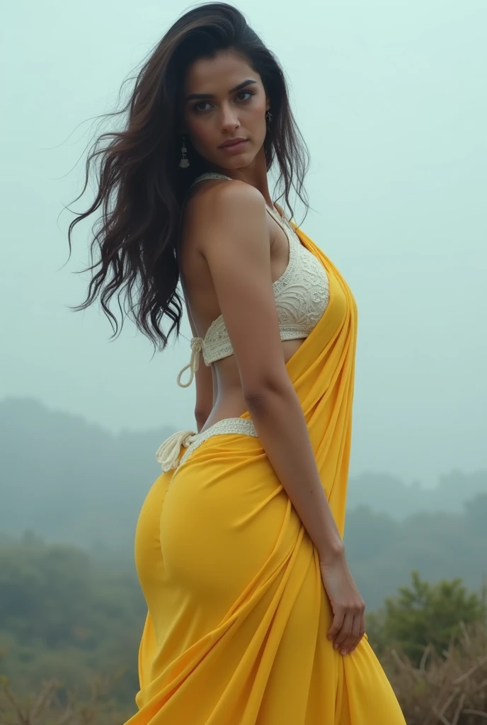 Kriti sanon in white with yellow saree, showing hips, cloud, noises, hot pose, no sunlight, no shining, realistic, raw photo, less color