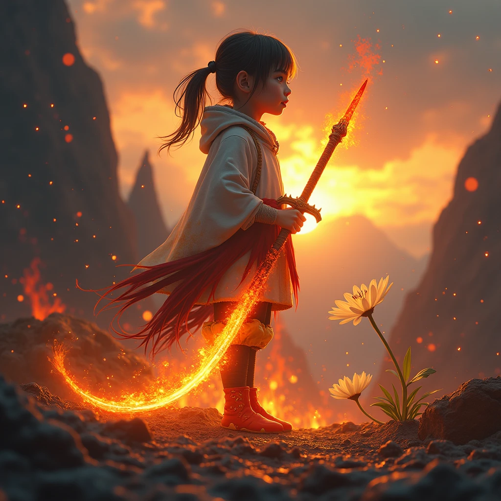 1 girl, hits, breathing fire, fire, burned clothes, embers, He drowned, beige fur, multicolor fur, fire, fire, flaming sword, (hand on the handle), standing, by the wide,  piroquinesis, expressionless, smoke, flower(symbol),  Alone, sparks, Sunset, twilight, white flower, molten rock, lily (flower),  fiery flower, depth of field, fire ,