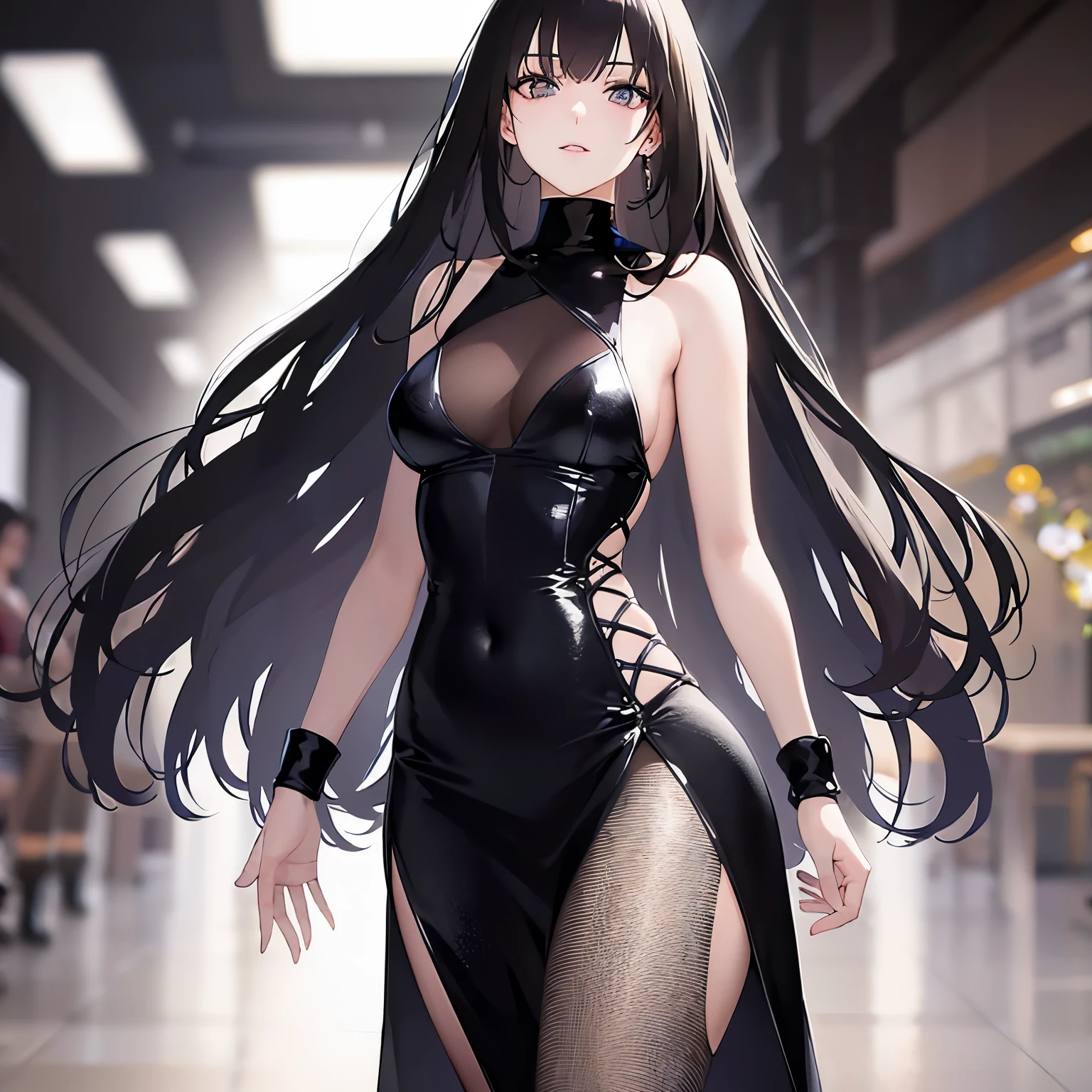 Upper Body, runway,walking,
Realistic, real person, (pale skin: 1.2), RAW photo, photorealistic, shiny skin, shiny hair、
(A 25-year-old woman with medium-length hair and bangs) and (wavy hair) and (brown hair) and (orange eyes),
Walking down the light-filled runway、Model in avant-garde cut black and white dress