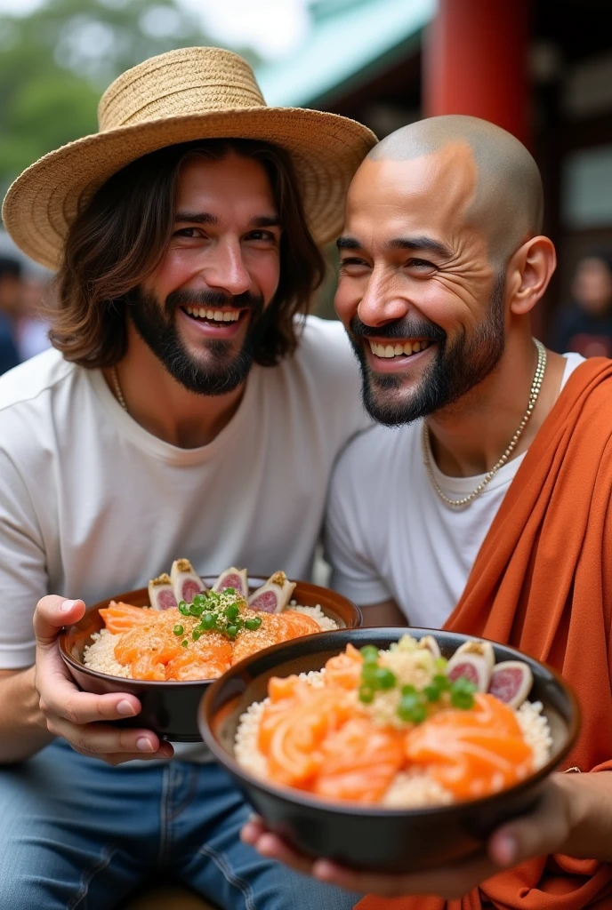 Jesus Christ and Buddha look surprised while eating sashimi bowls. The bowl consists of salmon, salmon roe, and tuna with small pieces of green onion sprinkled on top. They look smart and smart and have fun and laugh. Their faces convey deep wisdom and empathy, exuding warmth and understanding. They are wearing white T-shirts, jeans and straw hats. Jesus of Nazareth is depicted as a gentle, gentle man with shoulder-length hair. His wavy brown hair flows over his shoulders. The smile of the Japanese man next to her shows deep wisdom and empathy, and he is depicted as a kind-hearted Japanese man with a Buddha-like shaved head and a gentle, cheerful expression. they are shining. You can see a temple like Sensoji in the back. Photography, highly detailed, trending at the art station, sharp focus, studio shot, intricate details, Greg Rutkowski,