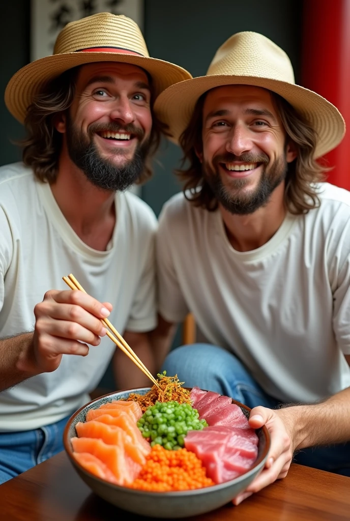Jesus Christ and Buddha look surprised while eating sashimi bowls. The bowl consists of salmon, salmon roe, and tuna with small pieces of green onion sprinkled on top. They look smart and smart and have fun and laugh. Their faces convey deep wisdom and empathy, exuding warmth and understanding. They are wearing white T-shirts, jeans and straw hats. Jesus of Nazareth is depicted as a gentle, gentle man with shoulder-length hair. His wavy brown hair flows over his shoulders. The smile of the Japanese man next to her shows deep wisdom and empathy, and he is depicted as a kind-hearted Japanese man with a Buddha-like shaved head and a gentle, cheerful expression. they are shining. You can see a temple like Sensoji in the back. Photography, highly detailed, trending at the art station, sharp focus, studio shot, intricate details, Greg Rutkowski,