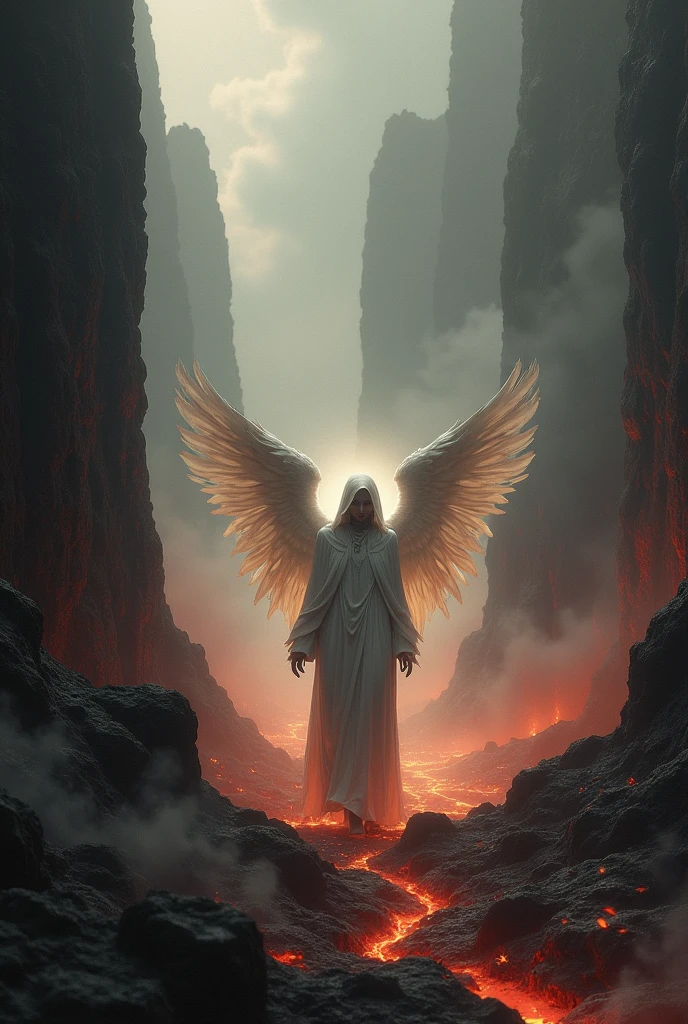 an angel seen in the distance, sadly walking in hell, hoping to ascend to heaven someday.