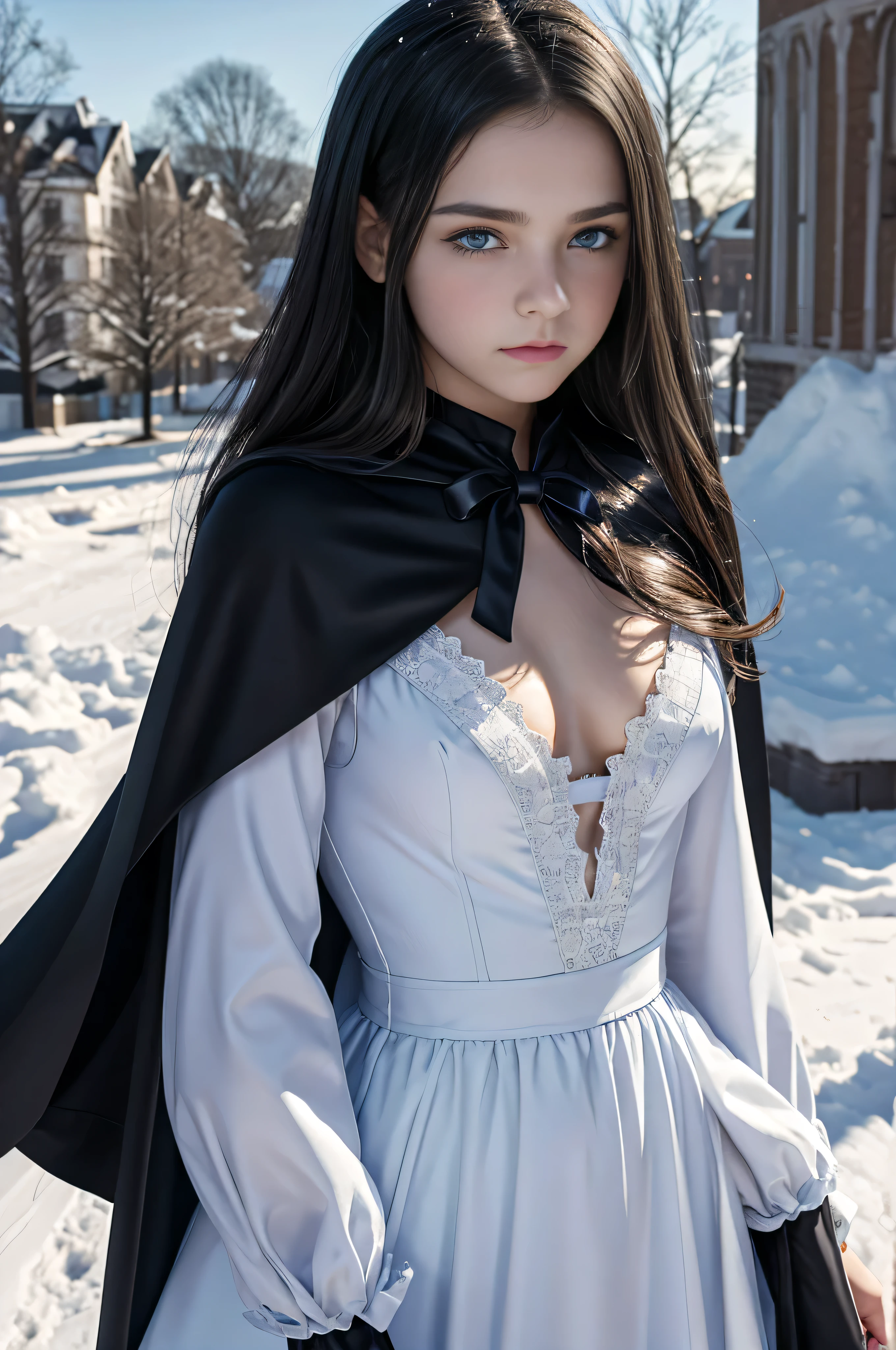 girl, evil, teen(1.3),13 yearsirl, very smaleats, black hair and blue eyes, detailed face, angelical face,cleavage, small breasts, dress with cape, desing with christian cross ,background in snow in prussia