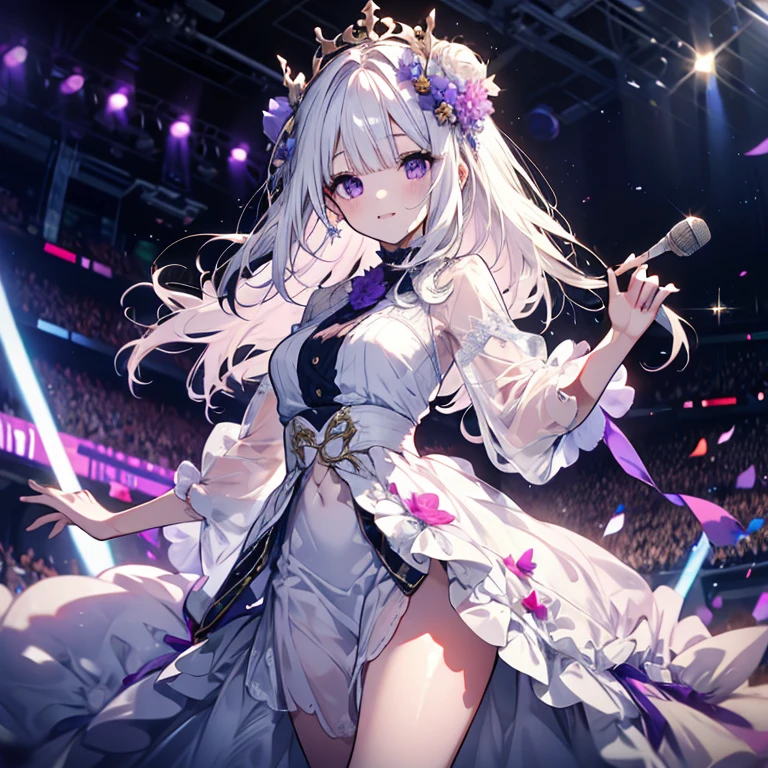 1 person、Mature、Ample breasts、Long Hair、White Hair、Straight Hair、Trimmed bangs、Hime cut、Purple Eyes、Elegant smile、Gorgeous Dress、See-through sleeves、Diva、Hold the microphone、sing、Live Performance Venues、Spotlight、Excited audience、Many penlights、High resolution、Highest quality