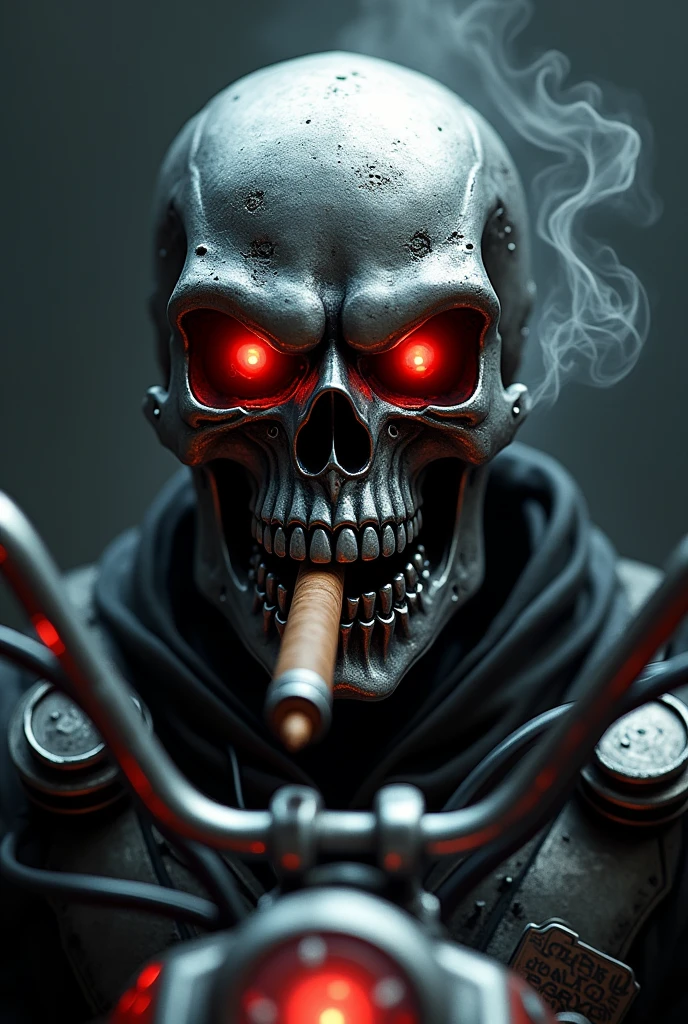 Skull metal red colour cigar on teeth high detail front skull dark background silver teeth fire eyes motorcycle handle logo smoke effect robotic skull silver skull