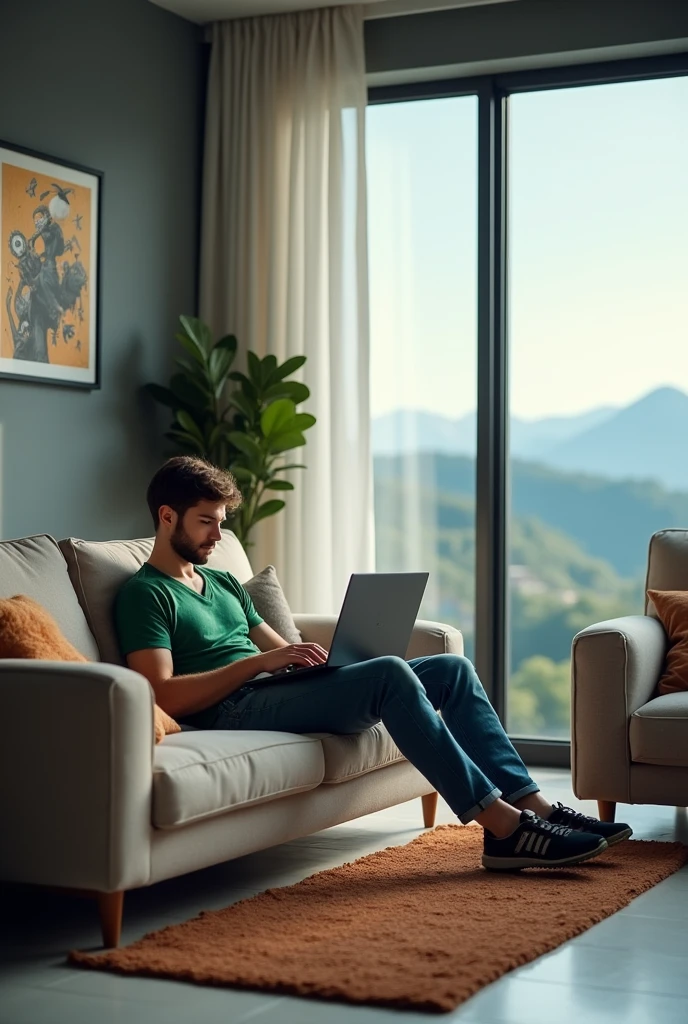 An image of a living room with panoramic view, two sofas, a brown rug and white floor, grey walls and game posters, with a young man in a green v-neck shirt lying on the couch with a laptop, photo in 8k, in action, cinematic.