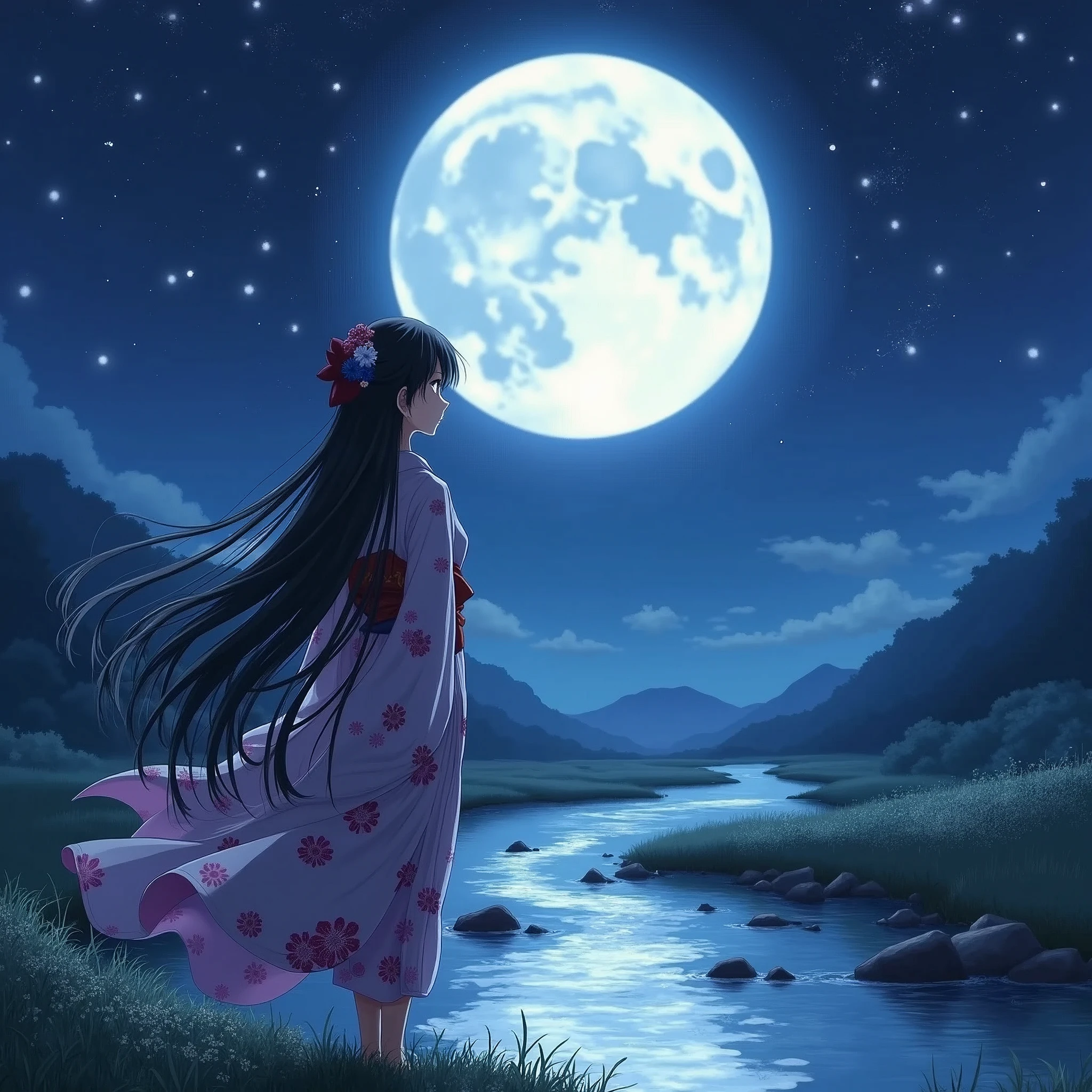 A beautiful anime goddess with long hair, dressed in a kimono, gazes up at the large, beautiful moon.  The sound of a gentle stream flows in the tranquil night, surrounded by a sparkling landscape.
