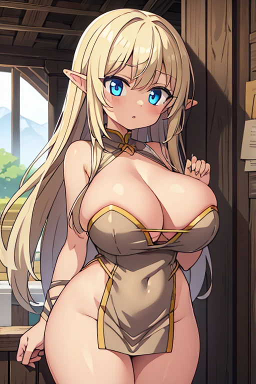 (tanned elf:1.2), (high fantasy slave outfit beige torn dress:1.2), (farm barn:1.2), (high resolution:1.2), (huge tits:1.2), tall, tall female, mature female, thick thighs, wide hips, ((tall)), ((tall female)), ((mature female))