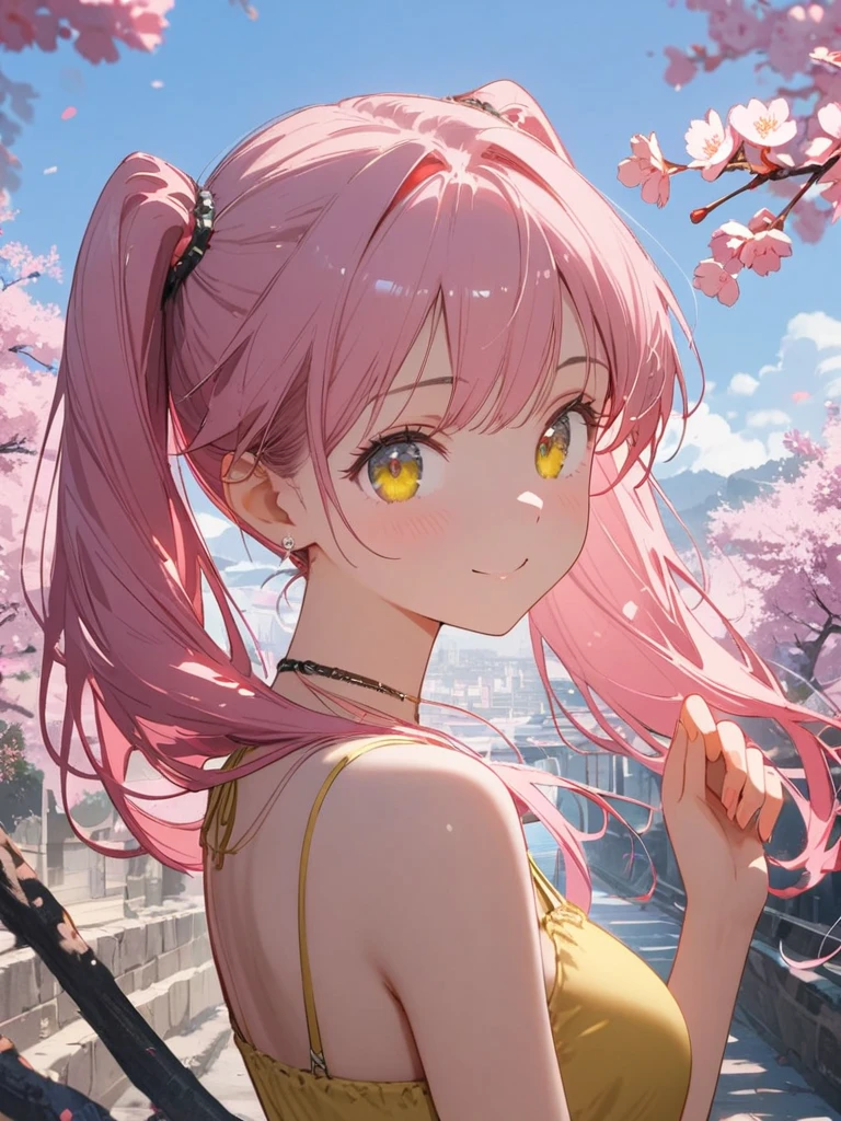 8K resolution, ((highest quality)), ((masterpiece)), ((Super detailed)), (And yet delicate and beautiful), beautiful girl, alone, gentle expression, She and(relax)and(Calm)exterior, pink hair in twintails,written boundary depth, bright smile, young look, bright gold-colored eyes, Beautiful pink hair, beautiful background, long hair, line drawing, yellow halter top,medium breasts,bare arms,Japan, Japanese Style, cherry blossomsのように輝く瞳, upper grade, wonderful eyes, cherry blossoms, cherry blossomsの木, cherry blossomsの花が舞っている, Upper body