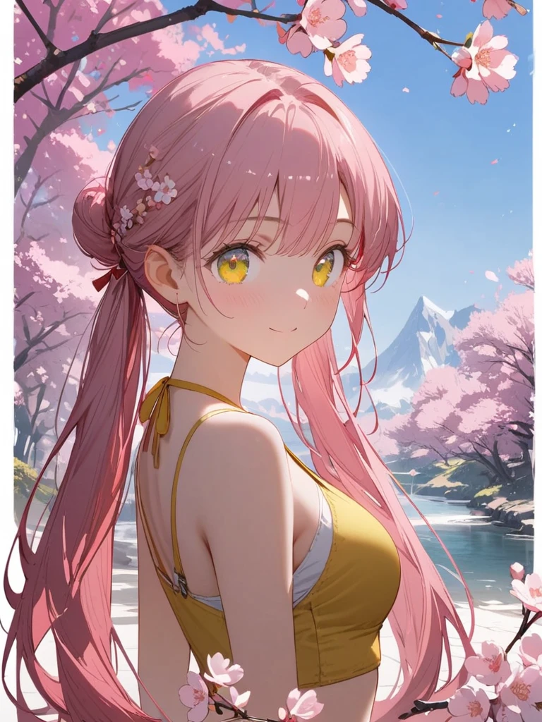 8K resolution, ((highest quality)), ((masterpiece)), ((Super detailed)), (And yet delicate and beautiful), beautiful girl, alone, gentle expression, She and(relax)and(Calm)exterior, pink hair in twintails,written boundary depth, bright smile, young look, bright yellow gold-colored eyes, Beautiful pink hair, beautiful background, long hair, line drawing, yellow halter top,medium breasts,bare arms,cherry blossomsのように輝く瞳, upper grade, wonderful eyes, cherry blossoms, cherry blossomsの木, cherry blossomsの花が舞っている, Upper body