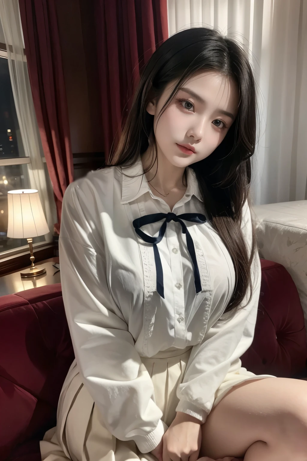 She is wearing a long-sleeved, collared white blouse that shows off her bust、Wearing a pleated skirt、long hair、Sitting