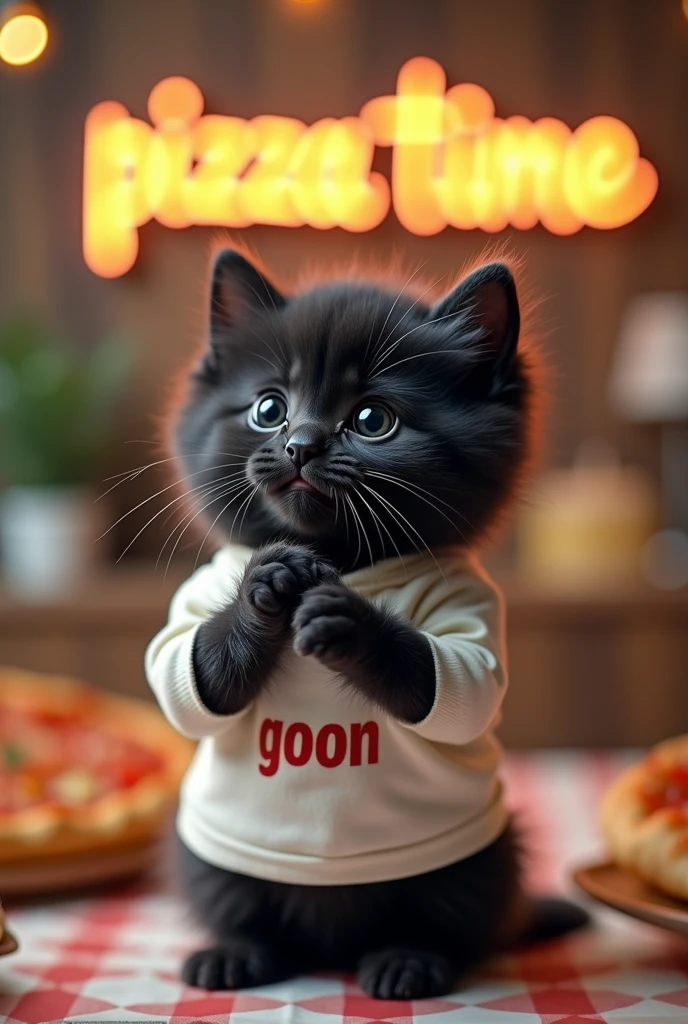 Black kitten, wearing white shirt that says goon, looking up while praying, and a text in the background that says pizza time