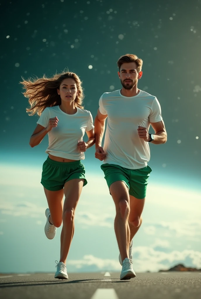 Sexy man and woman running in space wearing green shorts and a white t-shirt