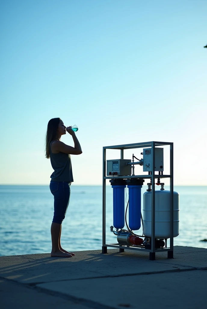 Show a machine desilation that is place in sea, water machine desilation that shows how water filtration work for some reason, it is going to be a drinkable water from sea water that is more safer and show one person drinking it freshly but she's standing patalikod here's a key features
Pre-Filtration: Sediment and carbon filters.
2. RO Membrane: Central component.
3. High-Pressure Pump: For pressurizing water.
4. Post-Filtration: Final purification filters.
5. Storage Tank: Holds purified water.
6. Brine Outlet: Disposes of waste brine.
7. Control System: For monitoring and management.
8. Energy Recovery (for large units): Recovers energy from brine.
9. Optional Features: UV sterilization and mineralization.