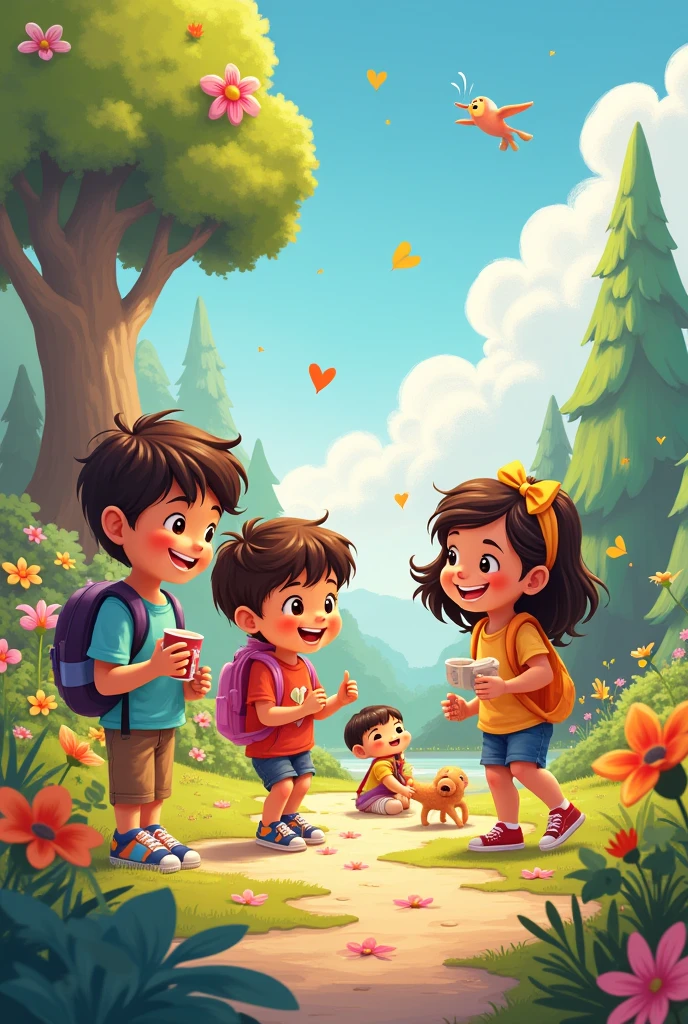 Cute drawing showcasing children's creativity, love, friendship, and joy, set against a fantastical landscape filled with vibrant colors.