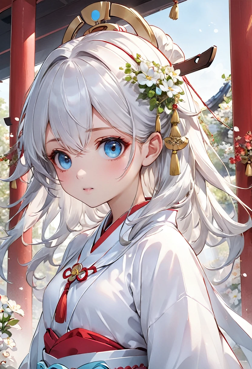 High definition、A pure girl dressed in a shrine maiden's outfit、Flowers sprout from beneath your feet、１８age、Halfred with long silver hair、Full body portrait、beautiful girl、A long-sleeved miko outfit、Large eyes like opals、Powerful eyes、Kagura Dance