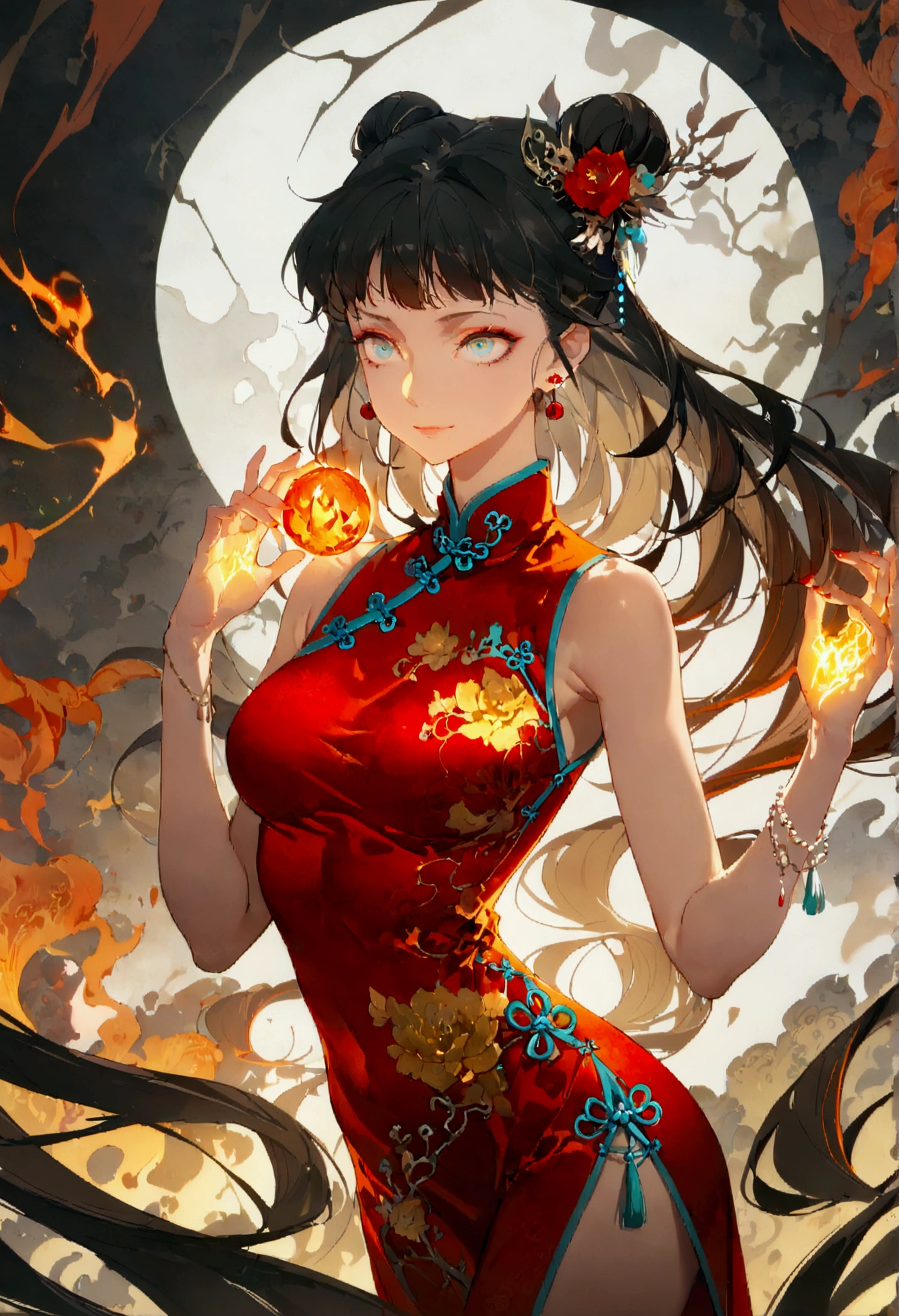 Girl, long dark iridescent hair, iridescent eyes, large body proportion except waist and breast that are small, cheongsam