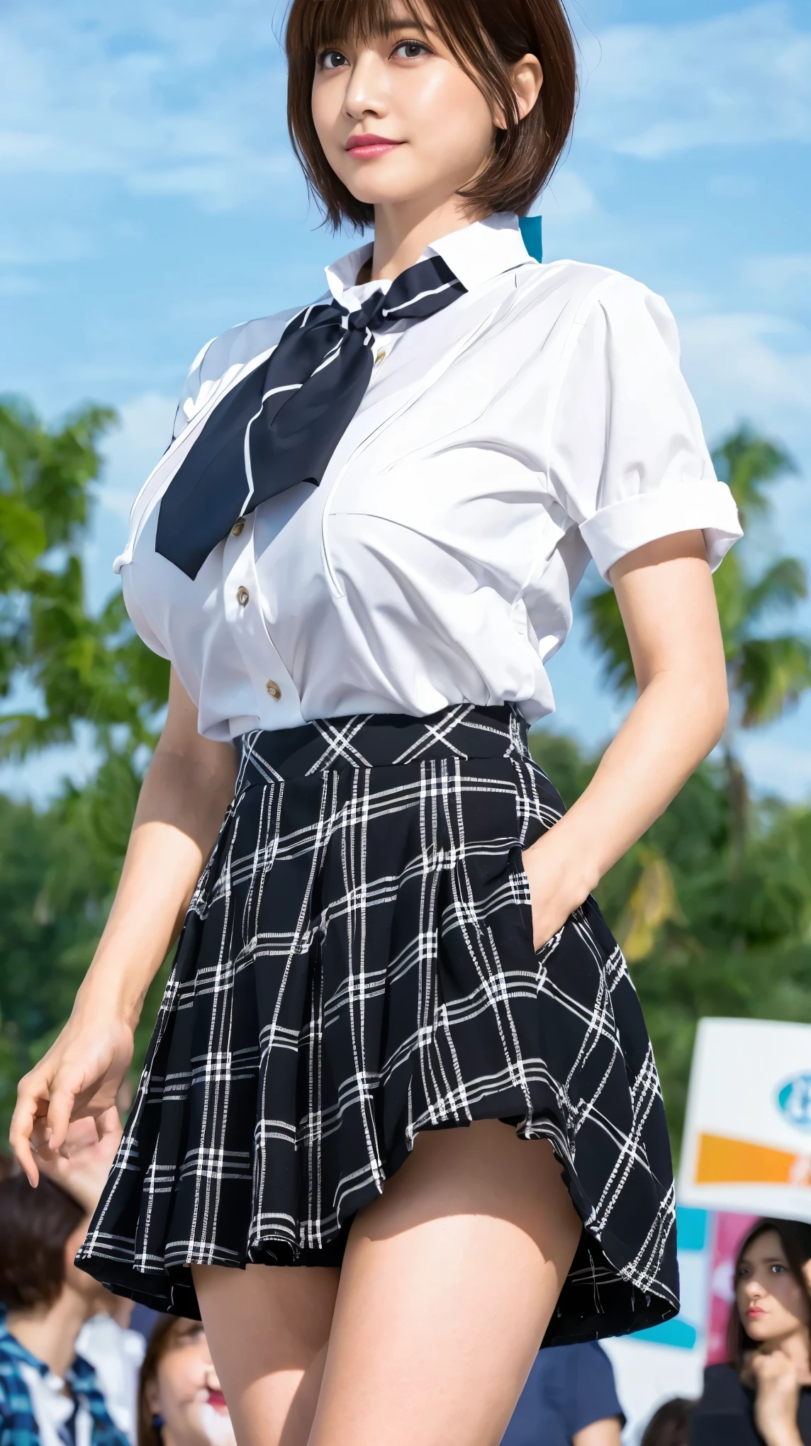 (8k,Ultra-high resolution,Highest quality,masterpiece,Realistic,Ultra-high resolution,High-quality RAW color photos,Professional photos,Realistic,Realistic),Natural skin texture,Fine skin,Hyperrealism,Intricate details,Adult women,Eye highlights.Lip gloss,Glossy Lips,(Cute smile,Short Hair,Dark blonde hair,bangs),(((gigantic breast,Big Breasts))),(Schoolgirl uniform,(White Cutter Shirt),Azure check patterned pleated mini skirt,tie),Urban area,((face focus,Staring at the audience)),(((((windy up skirt,Skirt fluttering in the wind)))))