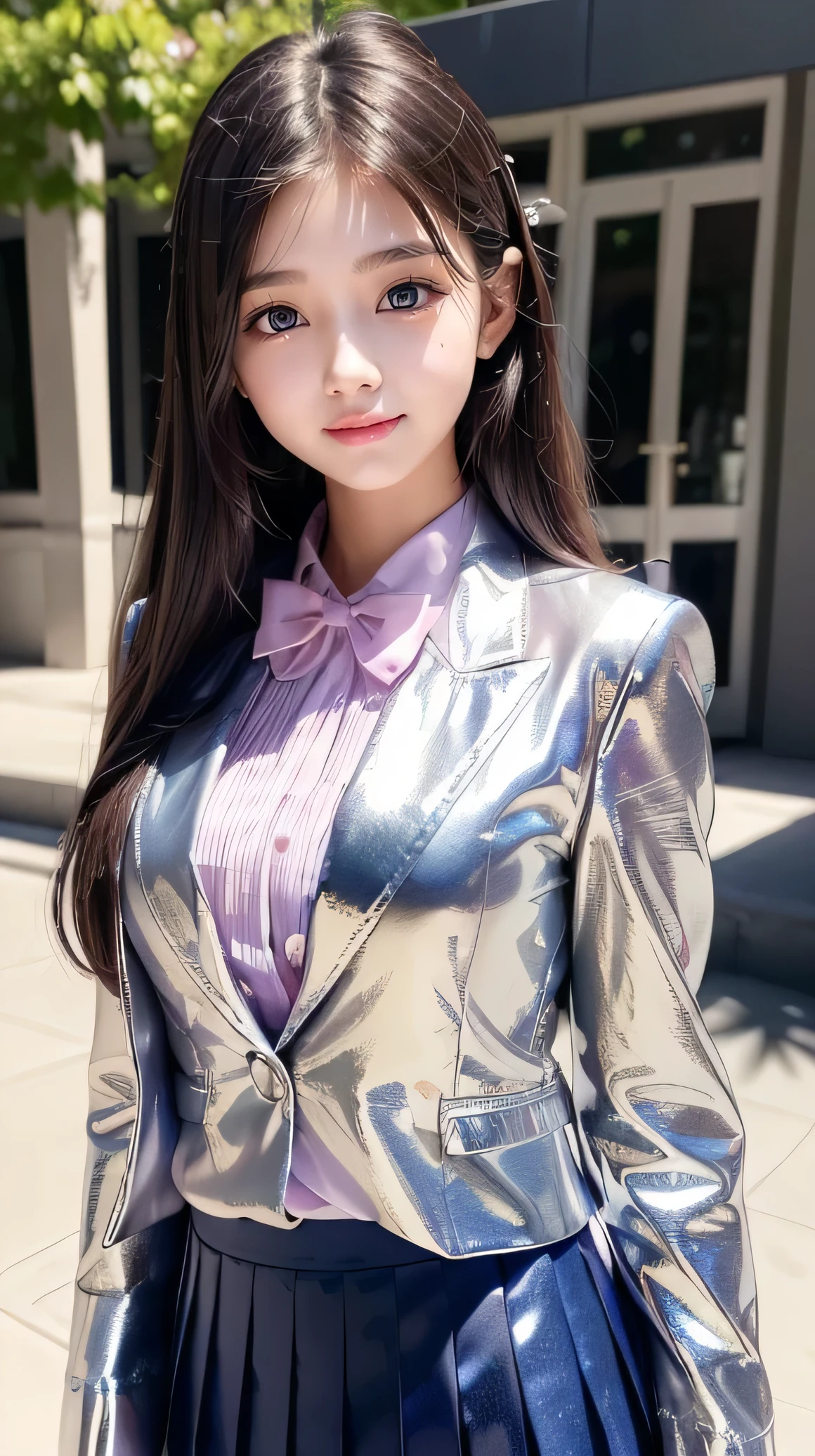 a beautiful Korean young college girl, (((18 years young girl))), detailed face with beautiful eyes and lips, long black hair, stylish hair, hair pin, romantic Eyes, beautiful eyes, smiley face, happy face, glow face, super round young breasts, beautiful realistic knees, glow skin, bright skin, realistic skin, realistic smile, cutest smile, realistic body, Standing In Flight For On board services, ((Starfish Pink silky Glitter Airhostess uniform)), ((uniform is Pink luxury Blazer)), I'd Card, Flight seats, very big flight, pink flight, very big Luxury Flight Interior, Passengers, detailed Airhostess dress, stylish dress, stylish uniform, stylish Blazer, High resolution dress quality, stylish look, stylish angle, photorealistic, realistic, masterpiece, ultra-detailed,8k, (best quality,8k,highres,masterpiece:1.2),ultra-detailed,(realistic,photorealistic,photo-realistic:1.37), highly detailed, cinematic lighting, vibrant colors, warm tones, masterpiece,highres,warm lighting, vibrant colors, soft focus, elegant, cinematic, highly detailed, professional digital art, UHD, Ultra HD, ultra realistic, hyper realistic, ultra sharp, vivid, realistic atmosphere, Beautiful rally atmosphere in background, beautiful Cockpit in background, detailed Flight interior background, hyper-detailed background, cockpit, very big flight on board, cinematic photography, award winning Photography, Very High Resolution picture quality, full-body shot, 