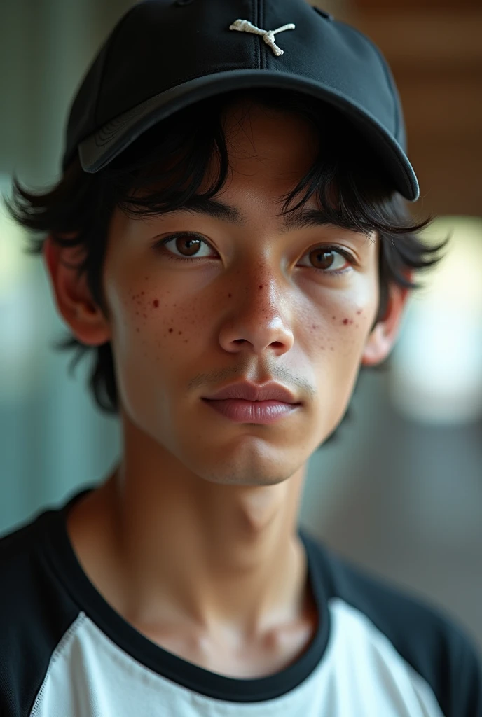 You can generate an image of a guy who is not so handsome, more or less in appearance of medium brown skin, and the image has 360p quality , that has brown eyes That wears white sportswear combined with black That has medium straight and slightly wavy hair That has more texture in his skin, that it's not so smooth, as if it has a more textured skin. 
That the lips are not so pretty., that the cupid's bow is not so defined that he wears a cap
That he looks like a real person
That the boy's age is 25
That he does a pose like a sterik type, that their face is not fully visible and that their face has some imperfections like a few wrinkles, small pimples, and that they are few  , only part of it,  that he is not looking so much forward, meaning that it looks