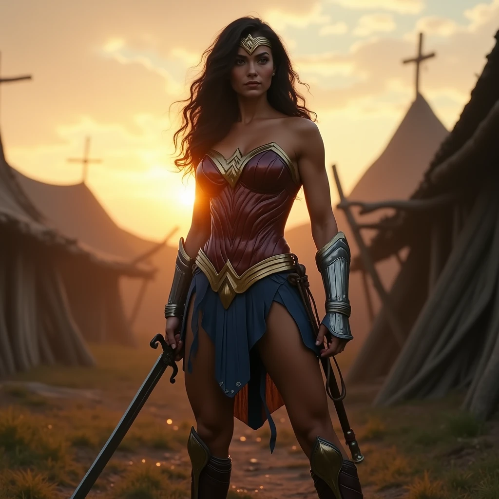 Wonder Woman as a medieval warrior, wearing medieval warrior costumes, a whip on the side of the waist, training with a sword in hands, in an attack pose, medieval training camp, during sunrise, cinematic angle, best quality, masterpiece, perfect anatomy, highres, ultra-detailed, 8k, detail, unique, aesthetics, HDR, Photorealistic, Hyperrealistic, Hyperdetailed, analog style, soft lighting, subsurface scattering