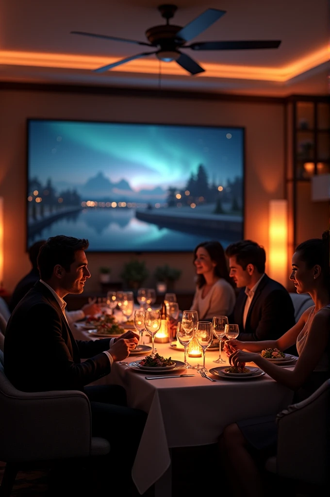 A beautiful dinner at night with lights and sofas big screen television at sunset 