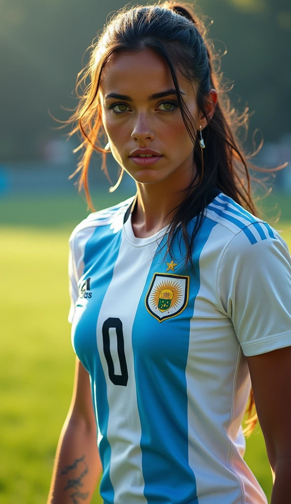 a beautiful woman with very long dark brown hair, large breasts, in a soccer field, wearing yellow lingerie and a Colombia soccer jersey, very big breasts (best quality,4k,8k,highres,masterpiece:1.2),ultra-detailed,(realistic,photorealistic,photo-realistic:1.37),detailed eyes,detailed lips,extremely detailed face,longeyelashes,beautiful detailed expression,dynamic action pose,detailed sports jersey,detailed soccer field,vibrant colors,natural lighting,cinematic composition camisa de la seleccion de fubol colombiana senos muy muy grandes, cuerpo voluptuso