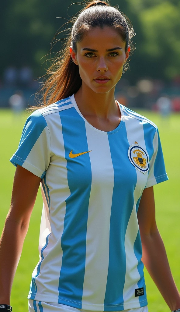 A very beautiful woman shooting in an Argentina national team uniform