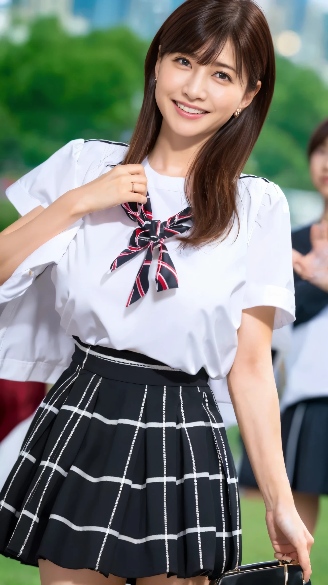 (8k,Ultra-high resolution,Highest quality,masterpiece,Realistic,Ultra-high resolution,High-quality RAW color photos,Professional photos,Realistic,Realistic),Natural skin texture,Fine skin,Hyperrealism,Intricate details,Adult women,Eye highlights.Lip gloss,Glossy Lips,(Cute smile,Short Hair,Dark blonde hair,bangs),(((gigantic breast,Big Breasts))),(girl uniform,(White Cutter Shirt),Azure check patterned pleated mini skirt,tie),Urban area,((face focus,Staring at the audience)),((((windy up skirt,Skirt fluttering in the wind,Panty shot))))