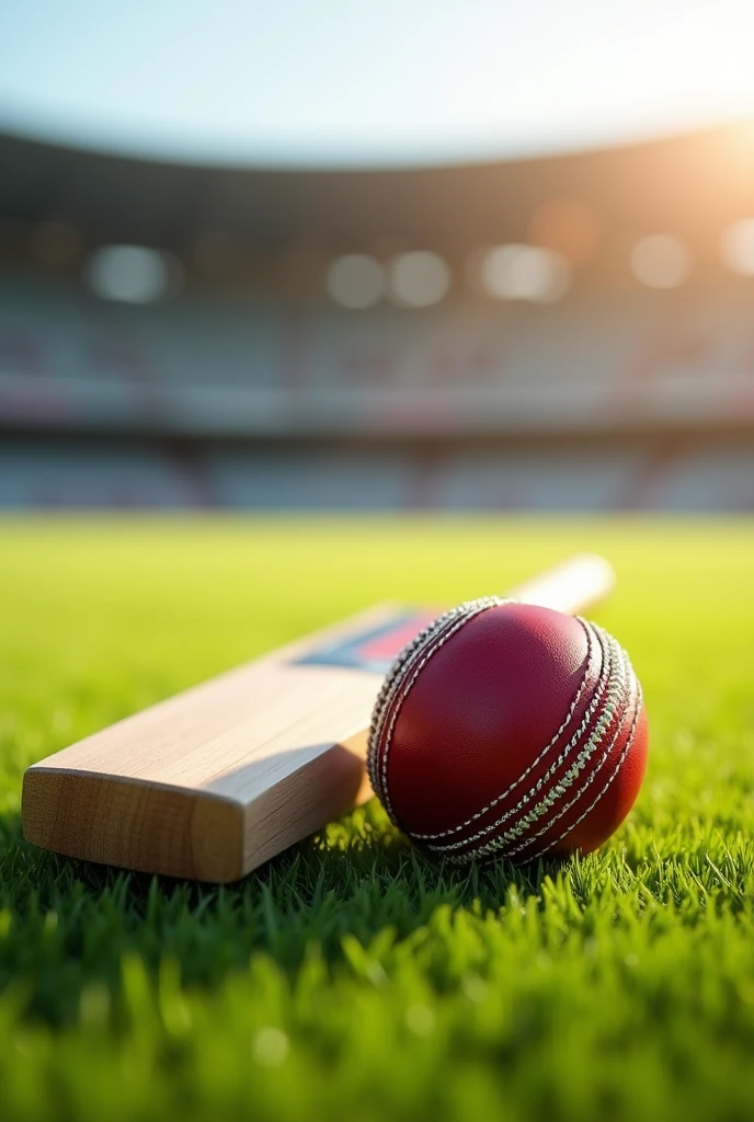 Generate a detailed image of a real leather cricket ball and an international cricket bat placed together on a grassy cricket field. The ball should have visible stitching and a shiny red surface, indicating its high quality. The bat should be a professional-grade international cricket bat with a sleek, polished wooden surface, a grip on the handle, and a well-known cricket brand logo on it. The background should feature a lush green cricket pitch under bright daylight, with a hint of a stadium in the distance."