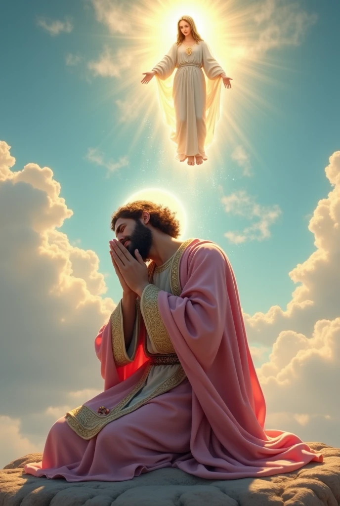 (photorealism:1.2), Crying Jesus Christ, kneel praying under the foot of virgin Mary floating from the heaven that sorrounded of many clouds, wearing pink king clothes with light in his head and heart spreading all over, real five finger, real feet, real beautiful hair, real image, heaven outdoors, bright lighting, clouds in background, beautiful light, real heaven and clouds, relaxed pose, realistic, intricate details, bright colors,