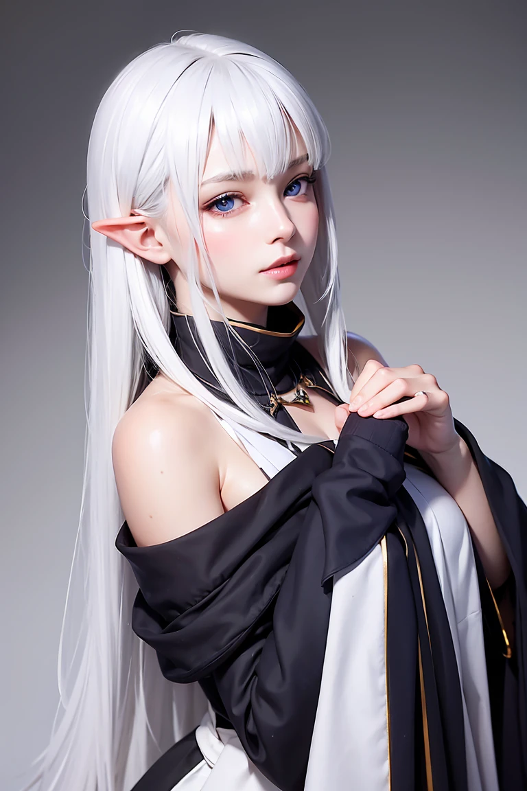best quality, (wide shot), CGSsociety, 8K, ultra-realistic, masterpiece, dark elf, white hair, blue eyes, white clothes, black scarf, looking up, upper body, lock of hair, dark skin, straight and loose hair