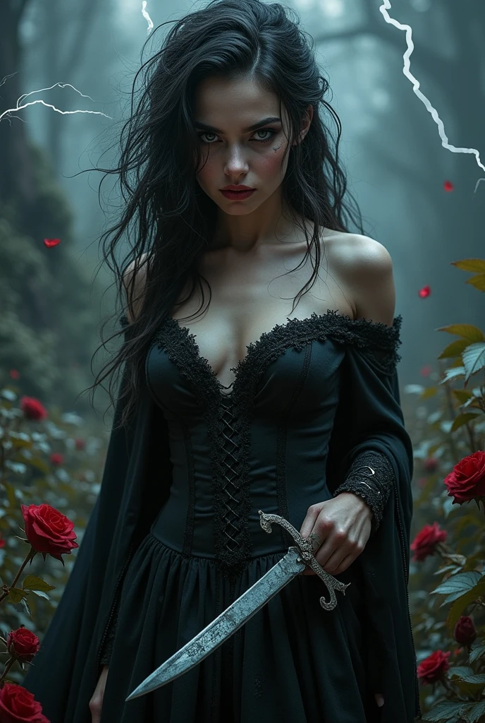 (Goddess of Betrayal:1.4), ((masterpiece:1.4, best quality)),( (photo realistic:1.4)), alluring yet deceptive expression, a sly smile playing on her lips, dressed in a dark, tattered gown that flows like shadows, (hair dark and wild, with streaks of silver:1.2), (piercing, cold eyes that reflect hidden intentions:1.2), a dagger concealed in her hand, surrounded by a faint, ominous aura,(( (background of a stormy night with lightning cutting through the sky:1.2))), (cracked mirrors and withered roses scattered around her:1.2), rich textures, dark and moody colors, (deep blacks:1.2), (((blood reds:1.3))), (faint silver accents:1.2), (dynamic composition with sharp angles and contrasts:1.2), high-quality and detailed, (haunting and intense atmosphere:1.2), enigmatic and mysterious, perfect image quality, symbolizing deceit, treachery, and the dark side of human nature, captivating and chilling presence
