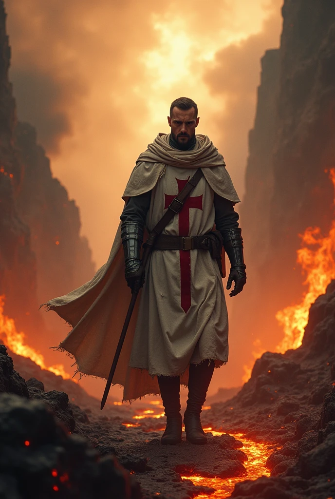 Templar seen in the distance, sadly walking in the inferno of fire and lava, in the hope of ascending to heaven someday.