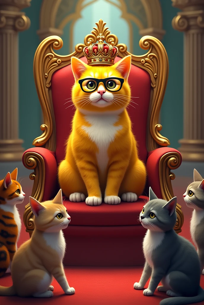 A yellow cat with black glasses on a throne with a crown and around him more cats kneeling before him