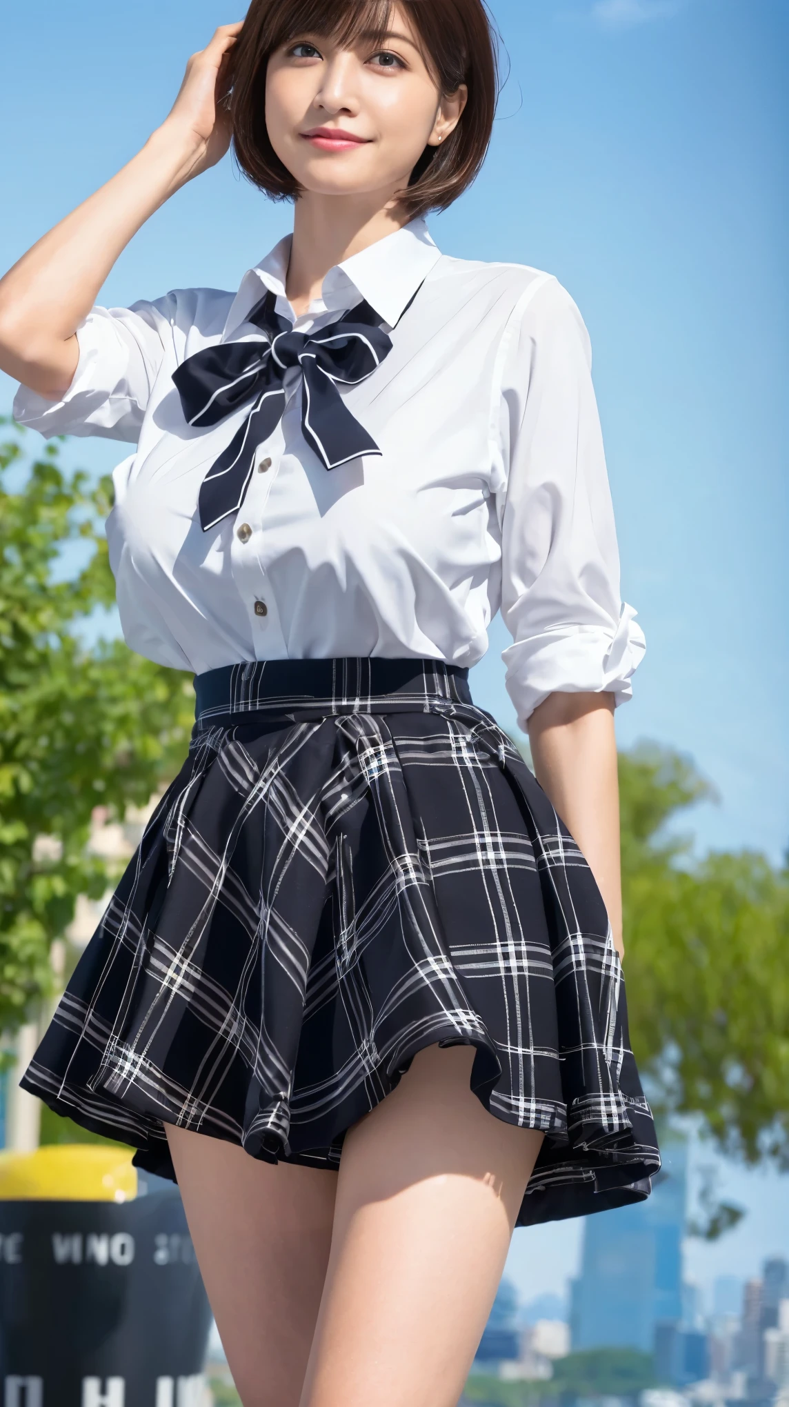 (8k,Ultra-high resolution,Highest quality,masterpiece,Realistic,Ultra-high resolution,High-quality RAW color photos,Professional photos,Realistic,Realistic),Natural skin texture,Fine skin,Hyperrealism,Intricate details,Adult women,Eye highlights.Lip gloss,Glossy Lips,(Cute smile,Short Hair,Dark blonde hair,bangs),(((gigantic breast,Big Breasts))),(girl uniform,(White Cutter Shirt),Azure check patterned pleated mini skirt,tie),Urban area,((face focus,Staring at the audience)),((((windy up skirt,Skirt fluttering in the wind,skirt lift))))