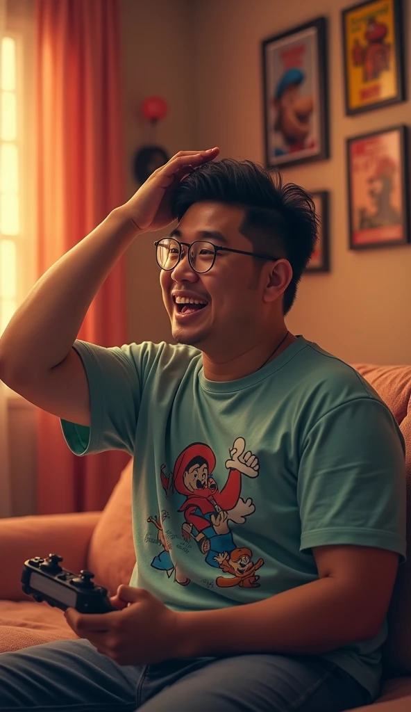 photorealistic, best quality, masterpiece, extremely detailed, (side view), extremely handsome, 30 year old chubby borneo man, no facial hair, glasses, wearing 8bit graphic tshirt, happy shocked expression, holds a video game console controller in right hand, left hand slaps his forehead, sitting on couch, in fun bedroom, movie posters on the wall, extremely romantic atmosphere, perfect face, perfect fingers, perfect hands, perfection