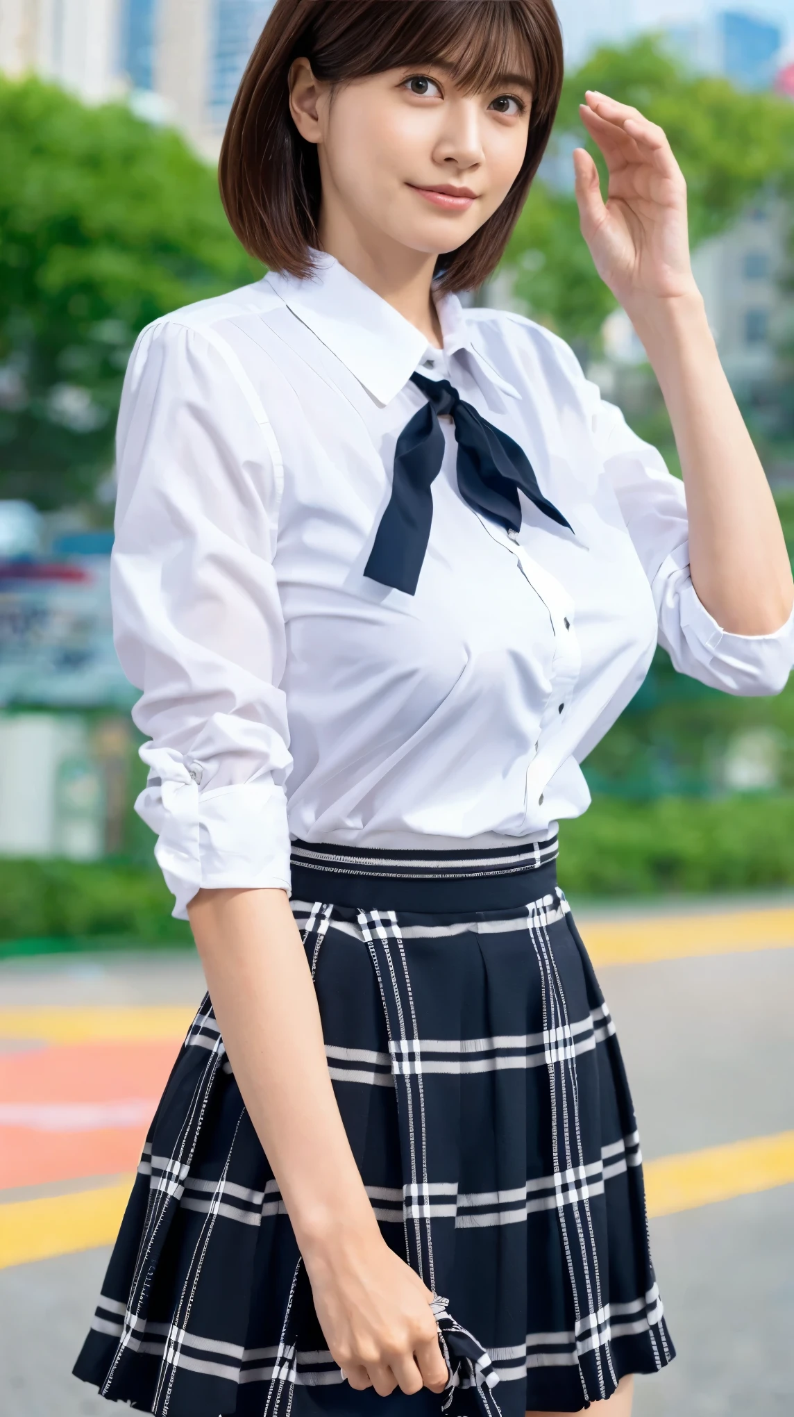 (8k,Ultra-high resolution,Highest quality,masterpiece,Realistic,Ultra-high resolution,High-quality RAW color photos,Professional photos,Realistic,Realistic),Natural skin texture,Fine skin,Hyperrealism,Intricate details,Adult women,Eye highlights.Lip gloss,Glossy Lips,(Cute smile,Short Hair,Dark blonde hair,bangs),(((gigantic breast,Big Breasts))),(girl uniform,(White Cutter Shirt),Azure check patterned pleated mini skirt,tie),Urban area,((face focus,Staring at the audience)),((((windy up skirt,Skirt fluttering in the wind,skirt lift))))