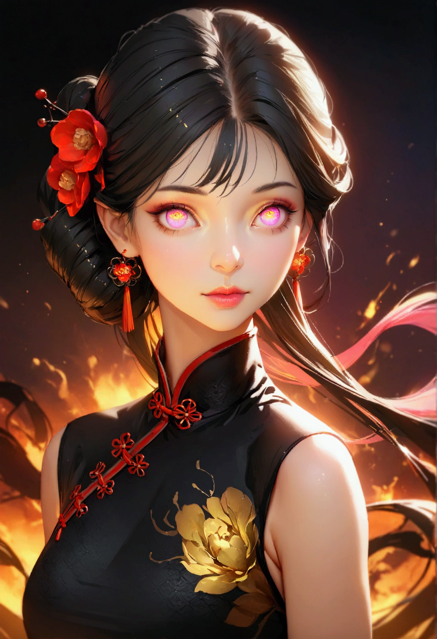 a beautiful detailed portrait of a chinese woman, extremely detailed eyes and face, long flowing colorful gradient hair, shining eyes, colorful and combustion atmosphere surrounding, exquisite and sexy chinese cheongsam, glowing tattoo, best quality, 8k, highres, masterpiece, ultra-detailed, realistic, photorealistic