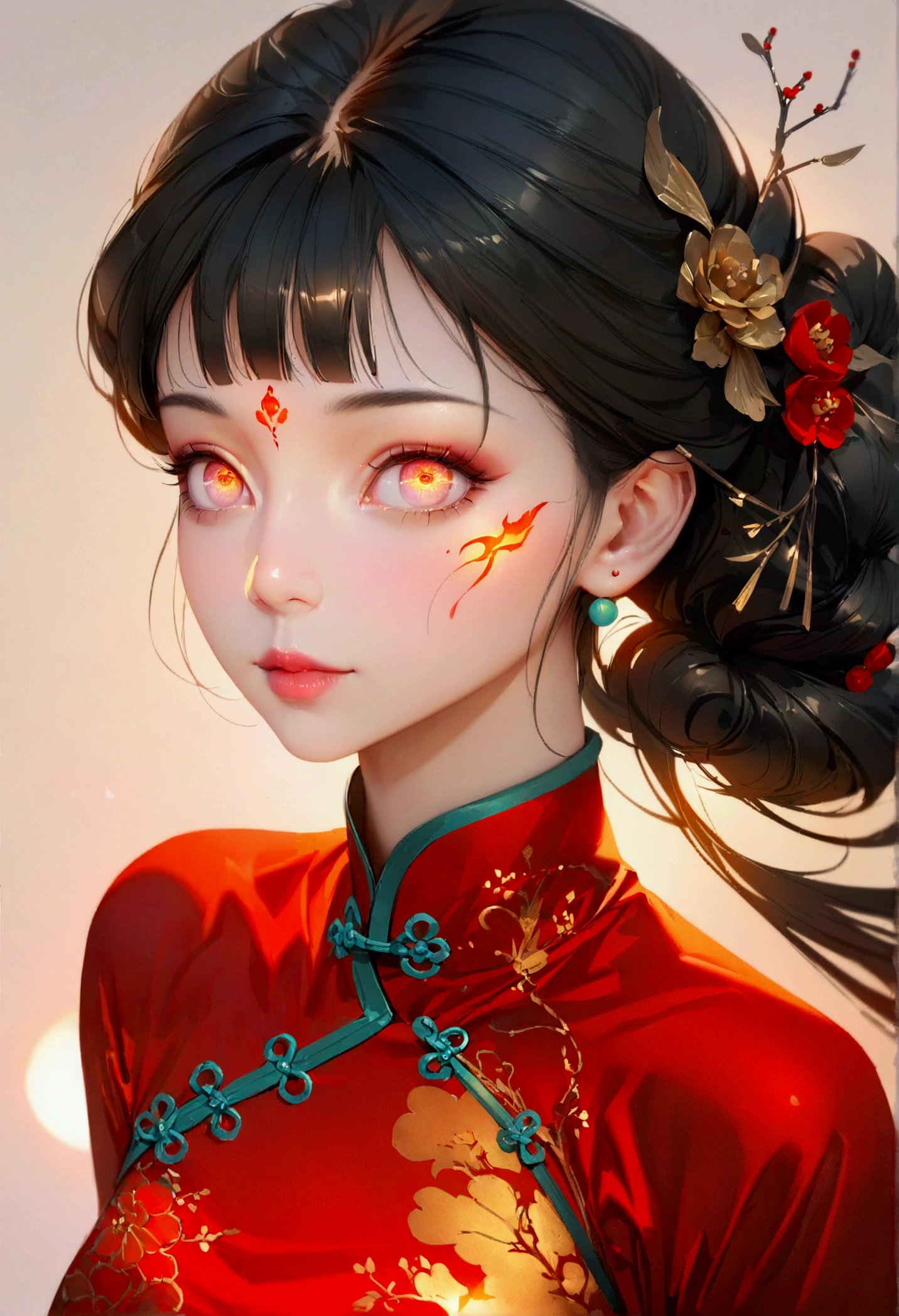 a beautiful detailed portrait of a chinese woman, extremely detailed eyes and face, long flowing colorful gradient hair, shining eyes, colorful and combustion atmosphere surrounding, exquisite and sexy chinese cheongsam, glowing tattoo, best quality, 8k, highres, masterpiece, ultra-detailed, realistic, photorealistic