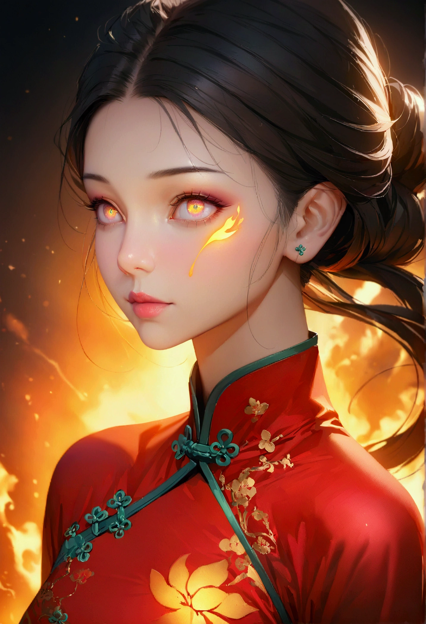 a beautiful detailed portrait of a chinese woman, extremely detailed eyes and face, long flowing colorful gradient hair, shining eyes, colorful and combustion atmosphere surrounding, exquisite and sexy chinese cheongsam, glowing tattoo, best quality, 8k, highres, masterpiece, ultra-detailed, realistic, photorealistic