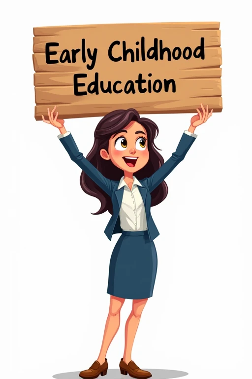 Cartoon of a well-dressed teacher, high, young woman holding a wooden sign above her head
and looking directly at it with an animated expression. The sign says "Early hood Education" and the background is white. 