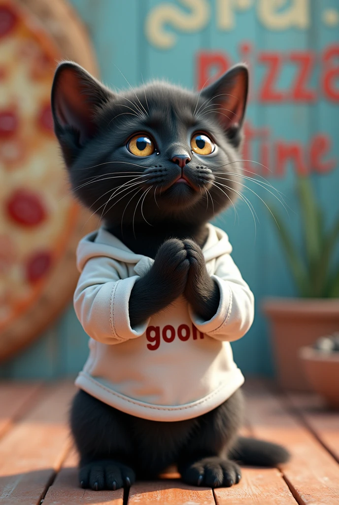 Black kitten, wearing white shirt that says goon, looking up while praying, and a text in the background that says pizza time