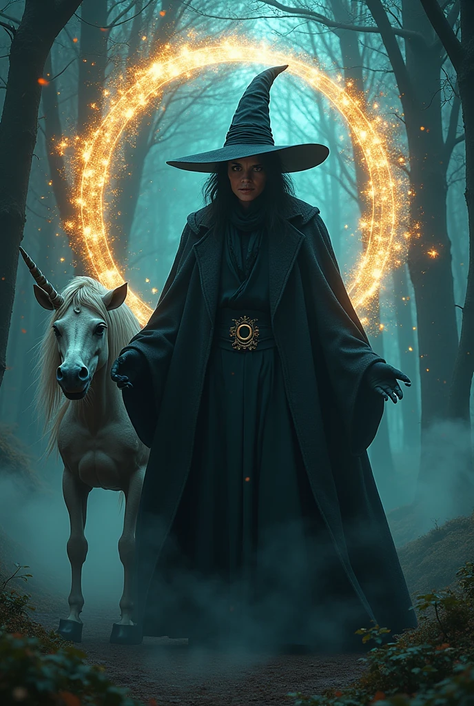 Create a sinister-looking magician in the style of witchcraft, next to him is the letter "O" with a very striking Harry Potter wizard theme and a very elaborate style, next to it is a peculiar-looking unicorn ,Intimidating but at the same time fascinating, the background is a fantastic place. The text is perfectly visible "OMEY" In the image. art style , finished luxury premiere , 8 k plus , Reality Max. all very well detailed 
